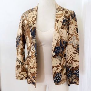 Vintage Melrose Linen One Button Open Front 3/4 Sleeve Brown Navy Floral Jacket